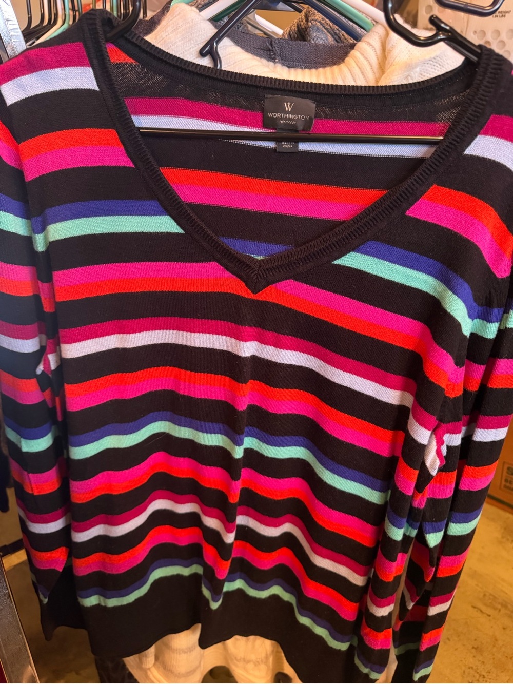 Worthington Black Multi-Color Striped V-Neck Sweater
